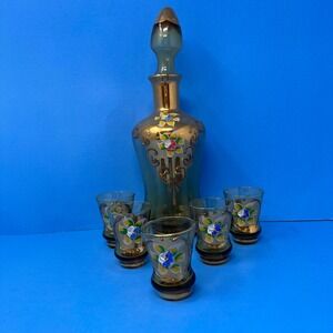 Bohemian Decanter Set Gold Amber Hand Painted Enamel Flowers Antique 7 Piece